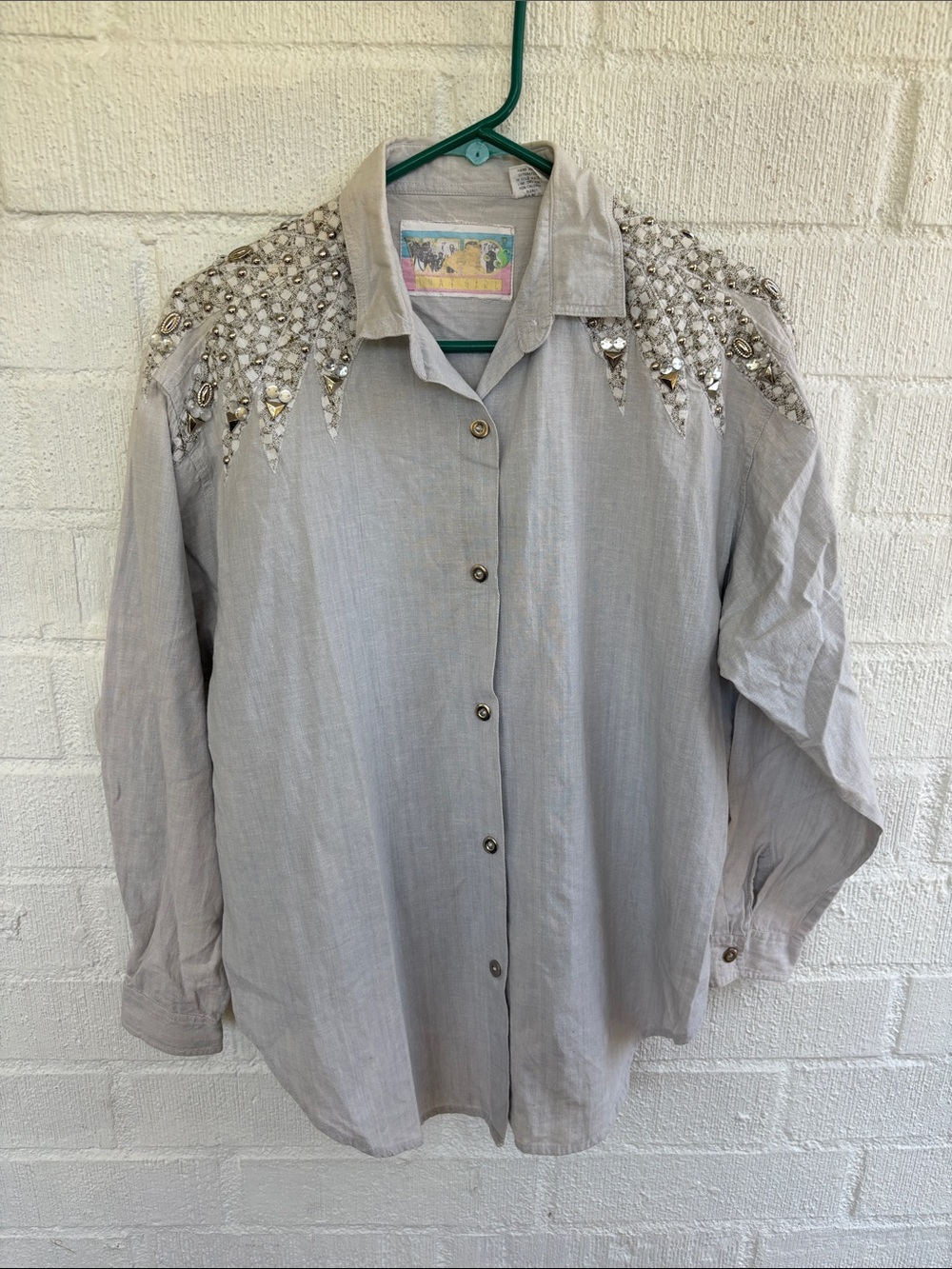 Vintage Who That Girl 80's Embellished On Shoulders Wash Button-Up Shirt sz L